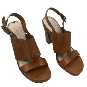 Via Spiga Tan Leather Square Toe Block Heel Sandals Size 6 Women’s